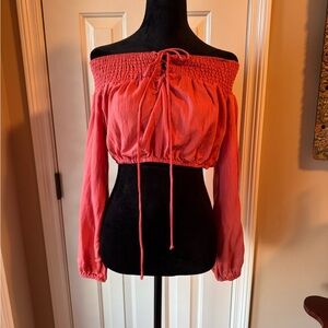 Lulu's Terracotta Off-Shoulder Smocked cropped Blouse